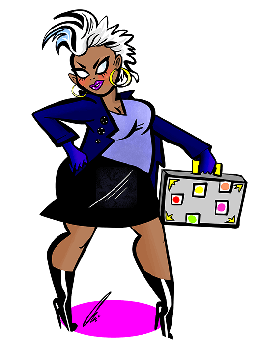 African woman in business jacket holding a briefcase full of stickers