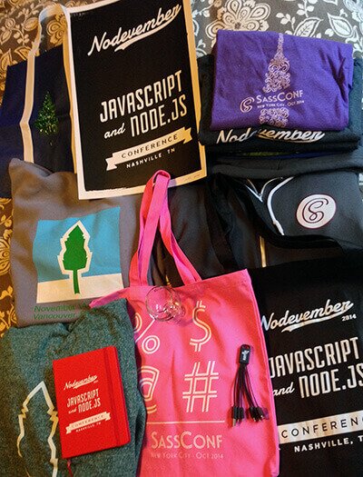 Hoodies, shopping bags, nice t-shirts, a USB squid, a notebook and poster.