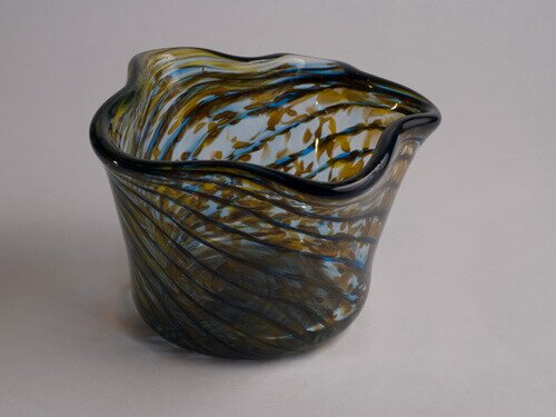 Blown Glass Fluted Bowl with a Two Color Optic Twist.