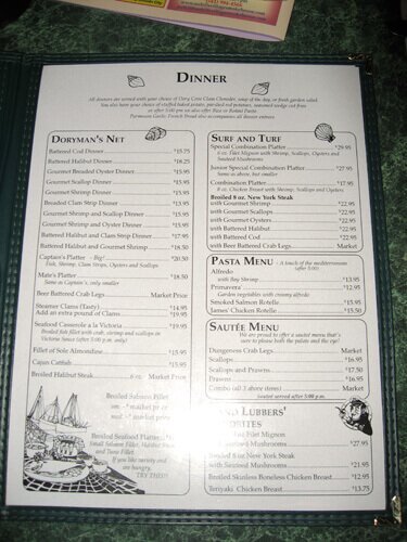 Menu from Captain Ron's / Dory Cove