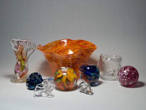 Blown glass pieces - flutter bowl, ornament, drinking glass, flowers and sculptures