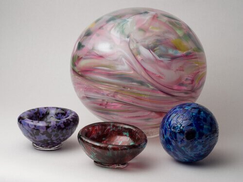 Blown glass pieces - flutter bowl, ornament, drinking glass, flowers and sculptures