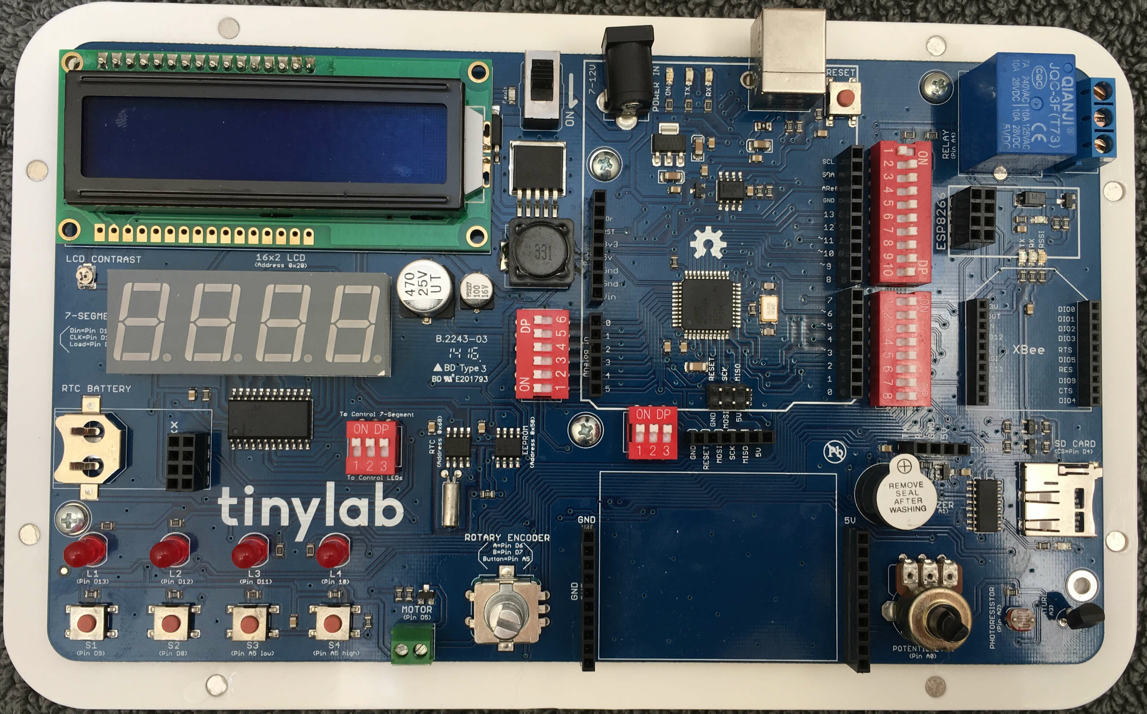 Photograph of a tinylab - an all-in-one arduino-compatible prototyping board.